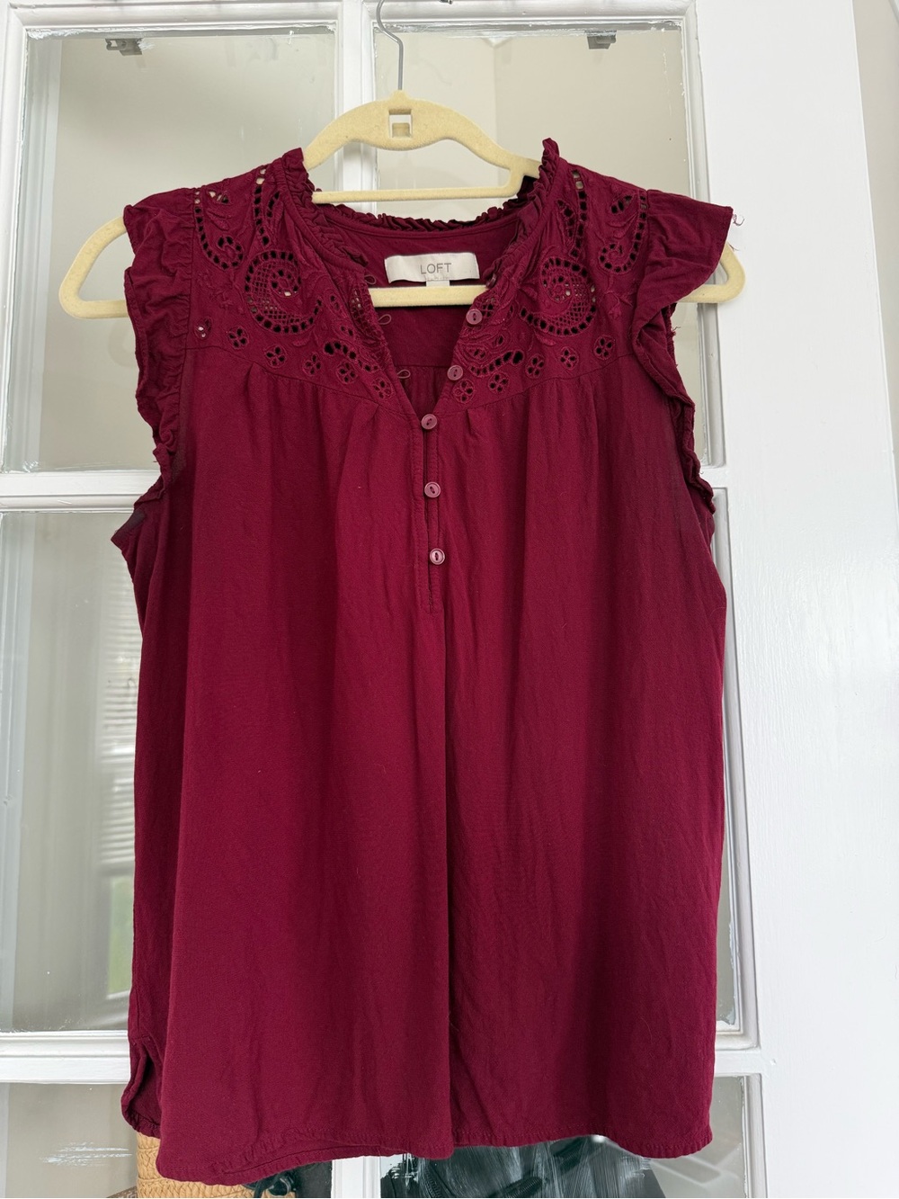 LOFT Burgundy Eyelet Ruffle Sleeve Blouse